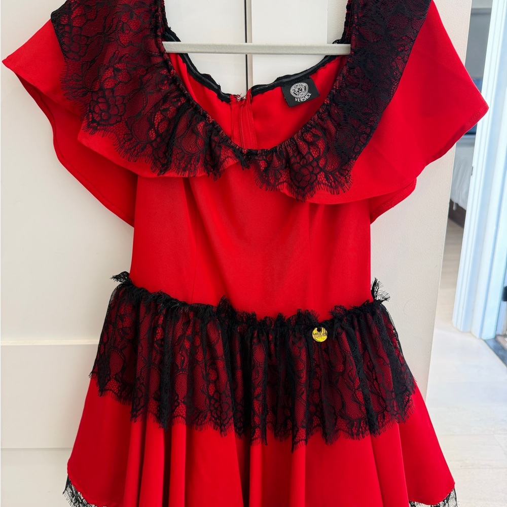 Versace Strapless Scarlet Dress in Red with Black Lace